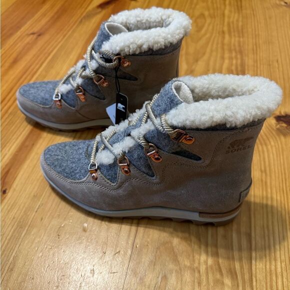 Sorel Boot Sneakchic Faux Alpine Shearling Lined Felt Suede Taupe Women’s 7 Rare - Picture 5 of 12
